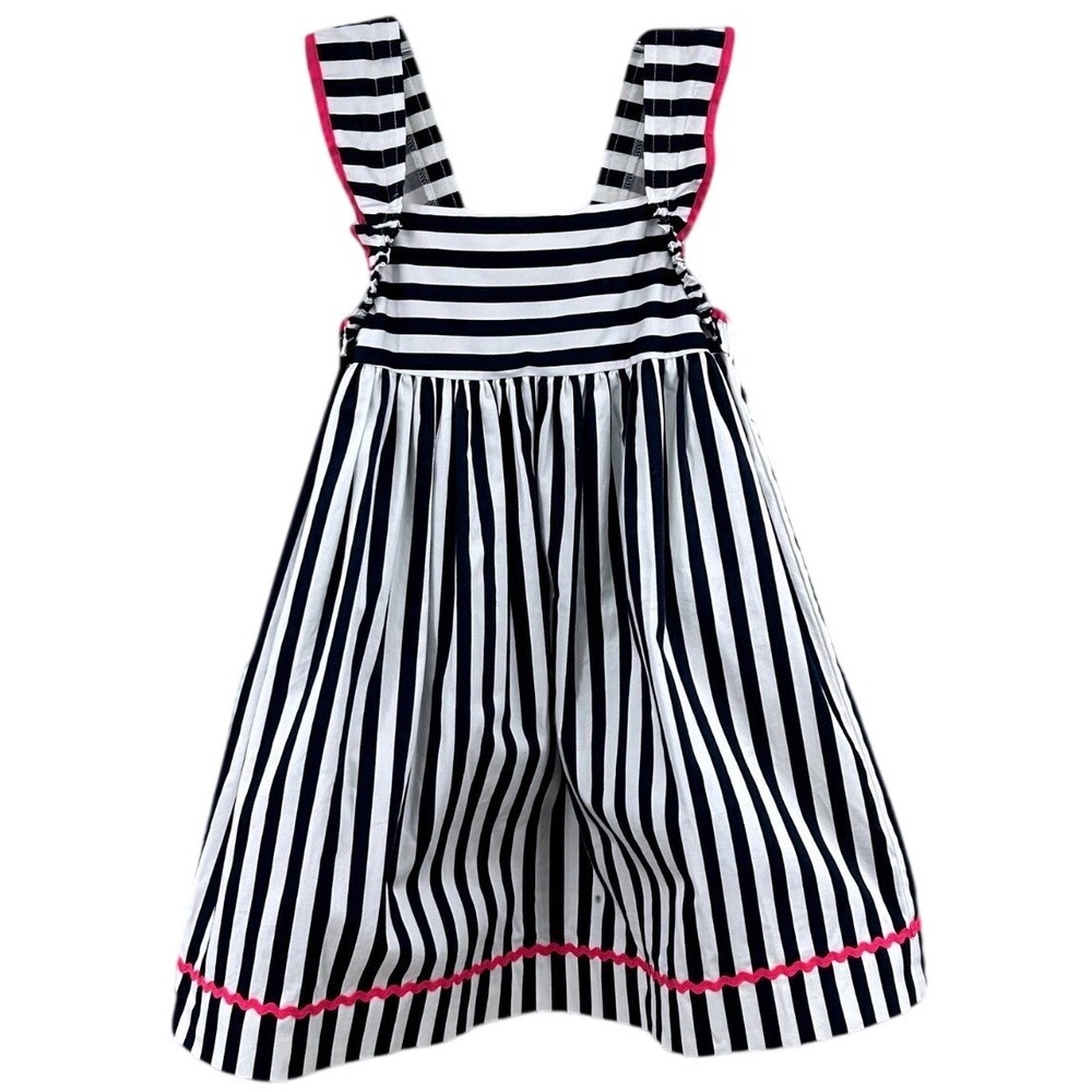 Girls 5 Nautical Striped Sundress 5 Navy‎ White Pink Ric Rac Ruffle Busy Bees